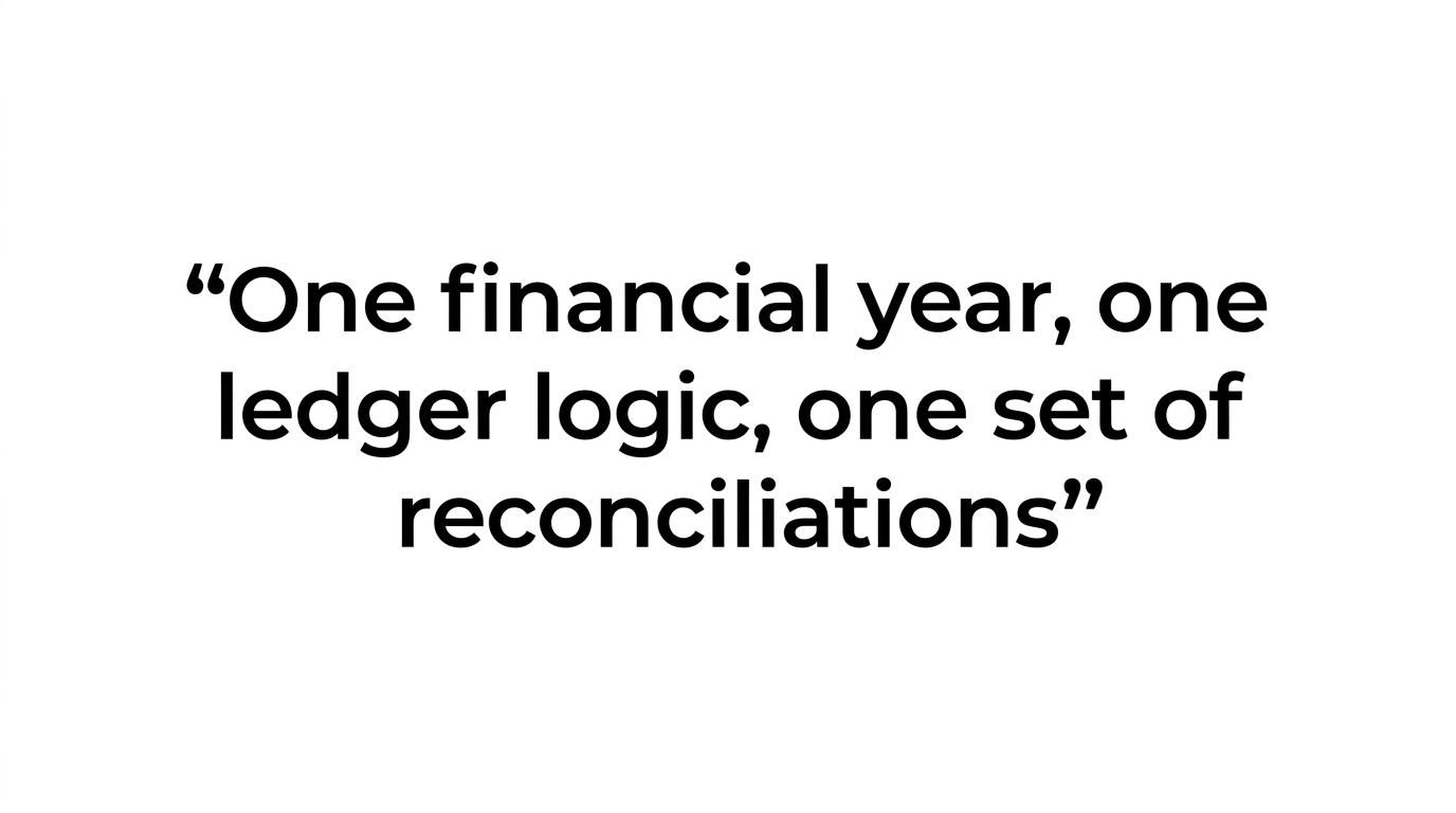 Highlighted quote reading, "One financial year, one ledger logic, one set of reconciliations."