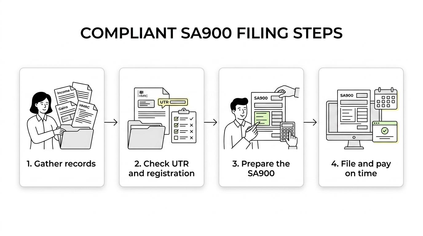 A step-by-step flow showing trust or estate records, UTR or registration checks, SA900 preparation, paper filing by 31 October or online filing by 31 January, and tax payment by 31 January.