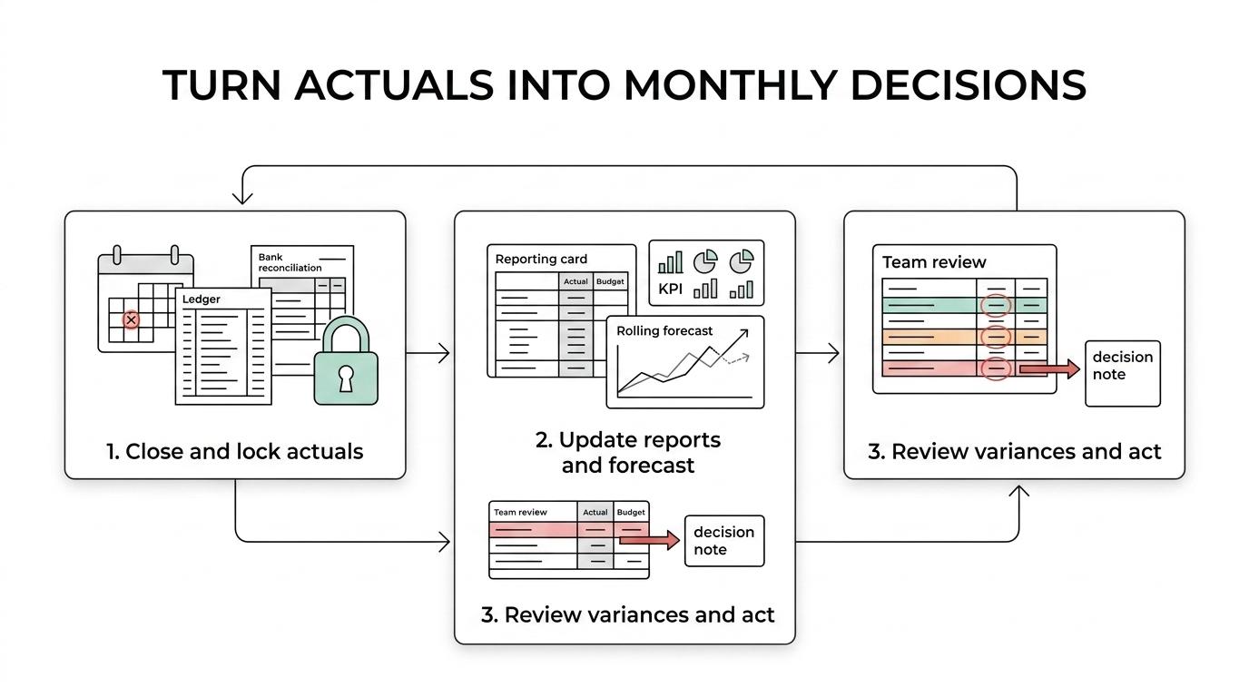 Flow diagram showing a startup finance reporting cycle: monthly close, management pack update, and exception-based review, with weekly cash refresh alongside it.