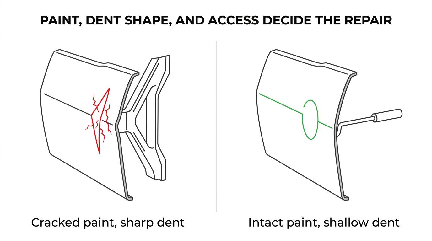 Side-by-side comparison of a shallow hail dent with intact paint suited for paintless dent repair and a sharp chipped dent that needs conventional body repair and repainting.