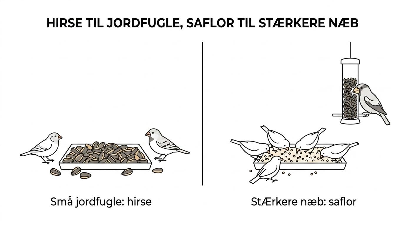 Sammenligning af små hirsefrø og større saflorfrø med en lav foderbakke til jordfugle på den ene side og en separat foderautomat til større frøædere på den anden side.