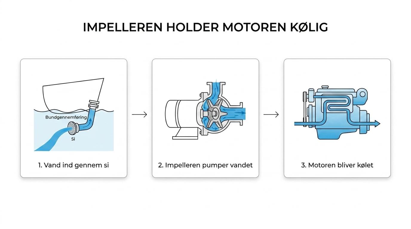 Diagram af bådens kølevandssystem med vandets vej fra indtag gennem si, impellerpumpe og motor.