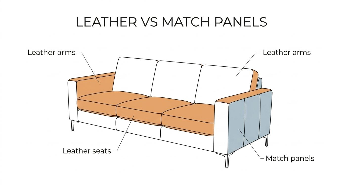 Labeled sofa diagram showing leather seating surfaces and matched non-leather side and back panels.