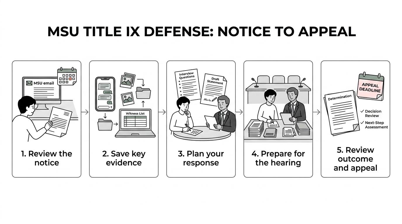 A step-by-step process showing an MSU Title IX case moving from notice received to evidence preservation, interview planning, hearing preparation, written decision, and appeal review.