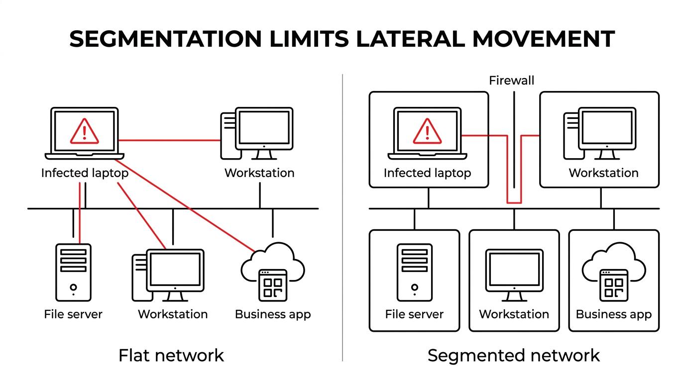Side-by-side network diagrams showing a flat office network versus a segmented network with isolated guest, IoT, user, and server zones.