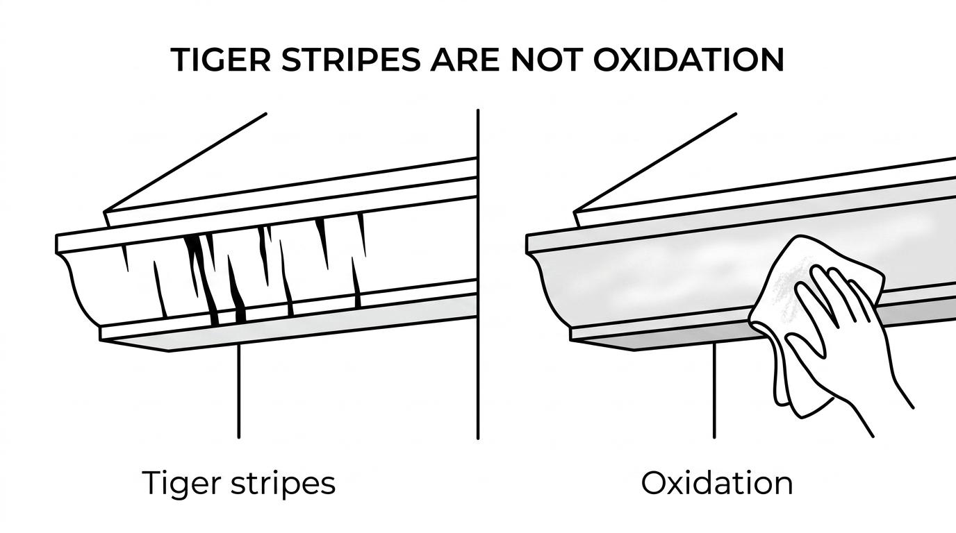 Gutter Whitening: 5 Answers Homeowners Need First 1 Side-by-side aluminum gutters showing dark vertical tiger stripes on one side and chalky white oxidation on the other.