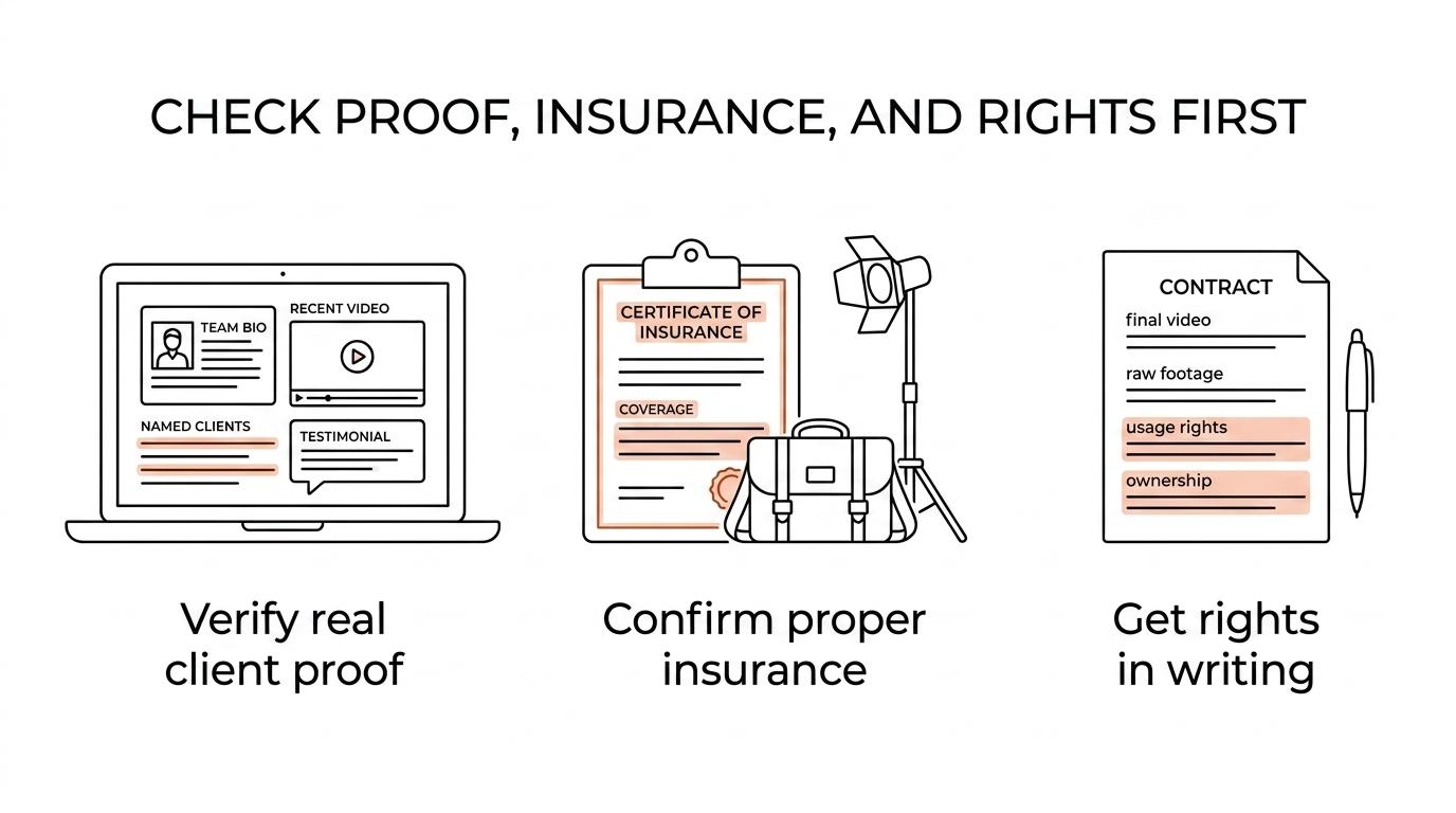 Checklist showing three hiring checks for a commercial videographer: client proof, insurance coverage, and written ownership and usage rights.