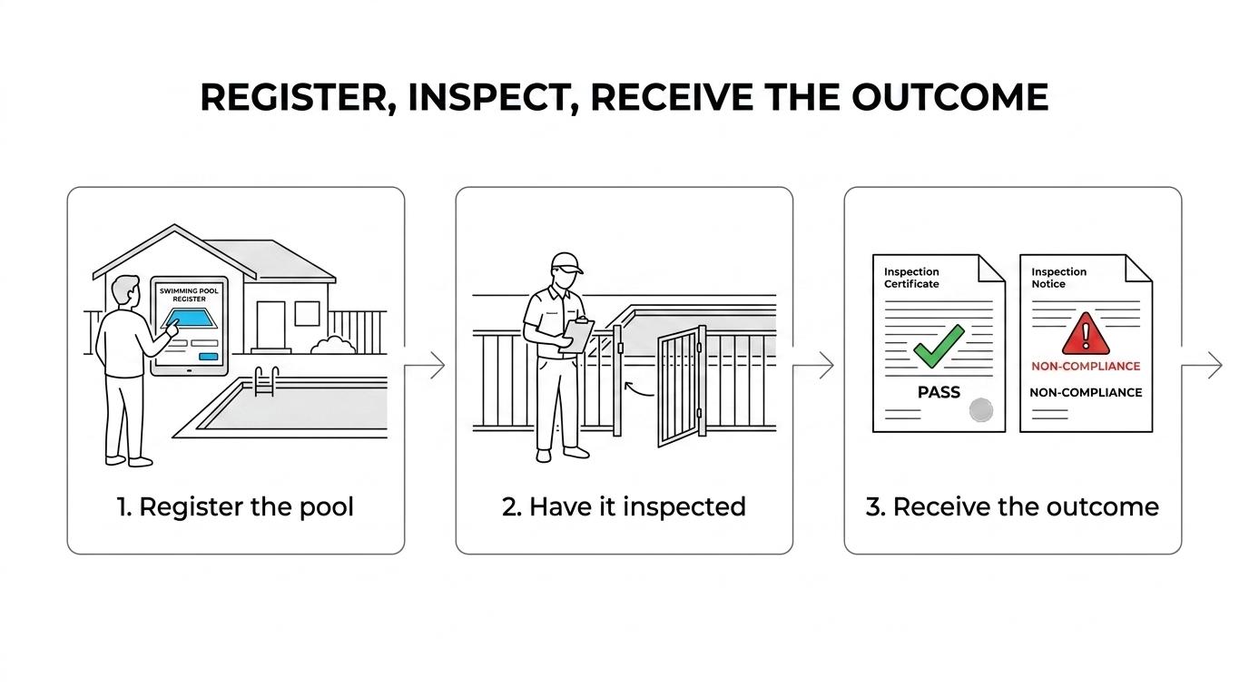 Flowchart showing the Sydney pool certification process from pool registration to inspection, then either compliance or non-compliance outcomes and next steps.
