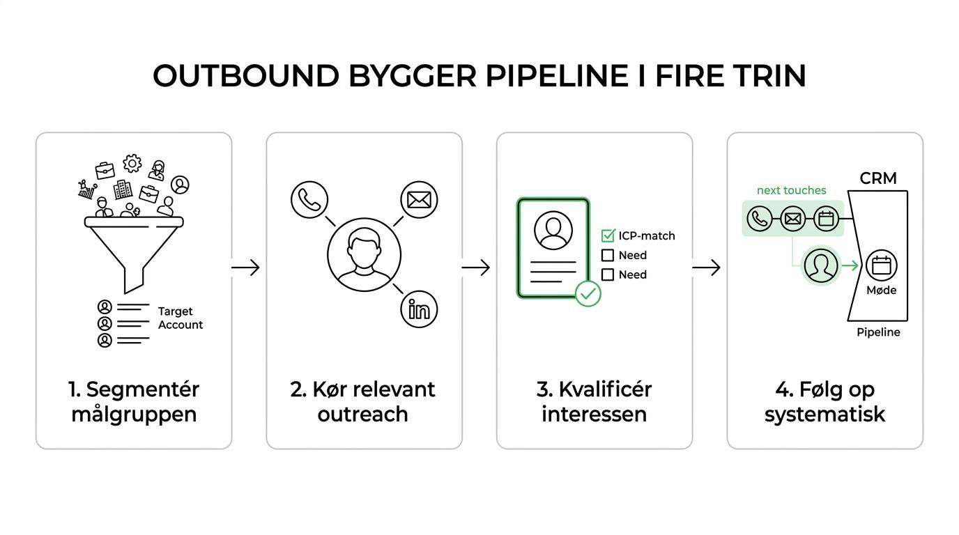 Et flowdiagram, der viser outbound-processen fra segmentering og multikanal outreach til kvalificering, opfølgning og handoff til salg.
