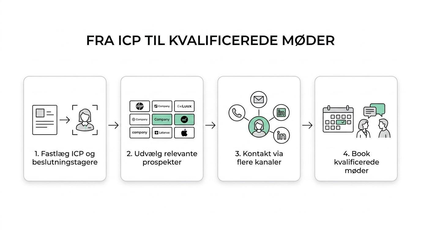 Flowdiagram over LR Partners’ outbound-proces fra ICP og segmentering til prospektering, multikanal outreach, CRM-integration, kvalificerede møder og løbende optimering.