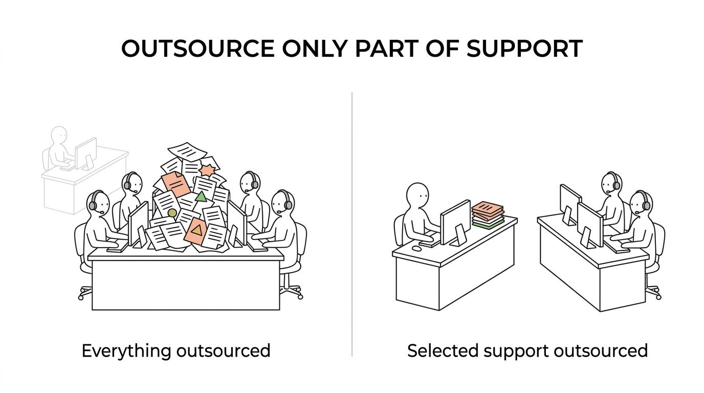 Side-by-side comparison of in-house, outsourced, and hybrid customer support models with examples of what each handles.