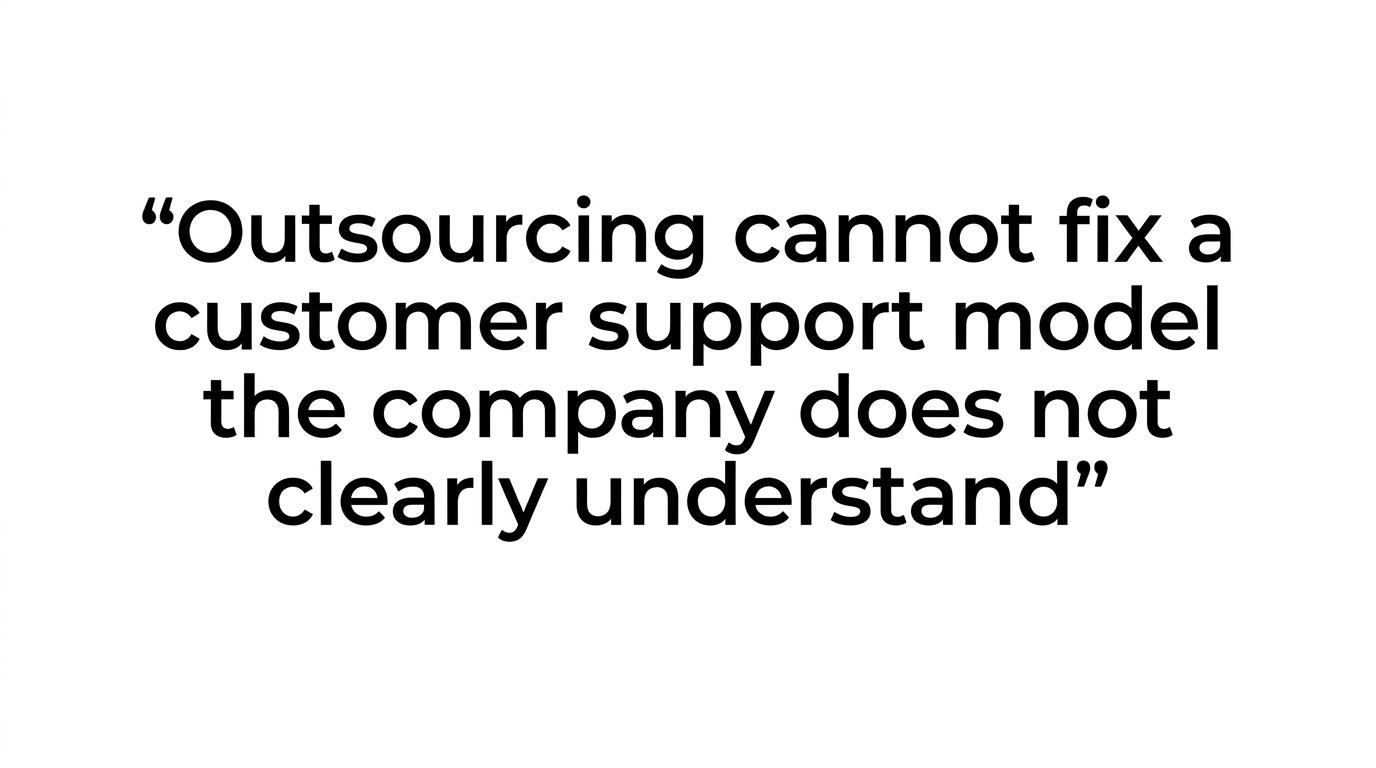 Bold pull quote stating that outsourcing cannot fix a customer support model the company does not clearly understand.