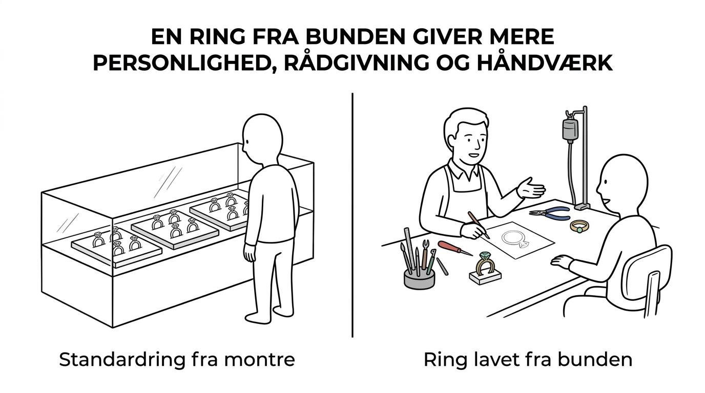 Sammenligning af en standard diamantring i en montre og en specialdesignet diamantring udviklet i dialog med en guldsmed.