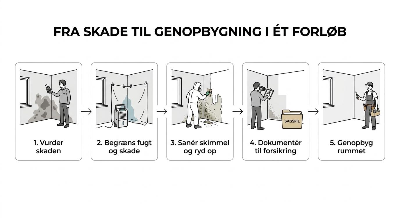 Diagram over forløbet fra første opkald og skadebegrænsning til affugtning, skimmelsanering, forsikringsdokumentation og genopbygning.