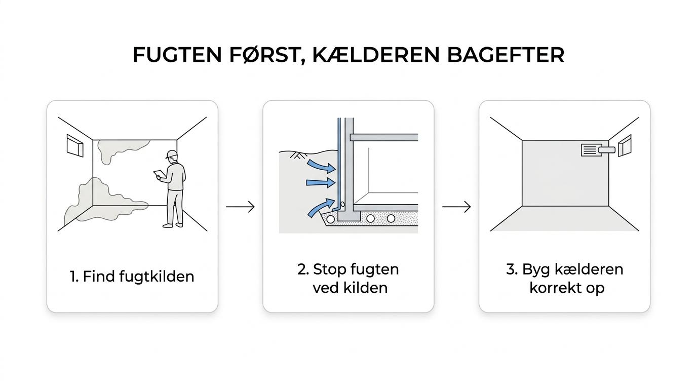 Diagram, der viser kælderrenovering i trin: fugtvurdering, udvendig fugtsikring og omfangsdræn, derefter isolering, ventilation og indvendig opbygning.