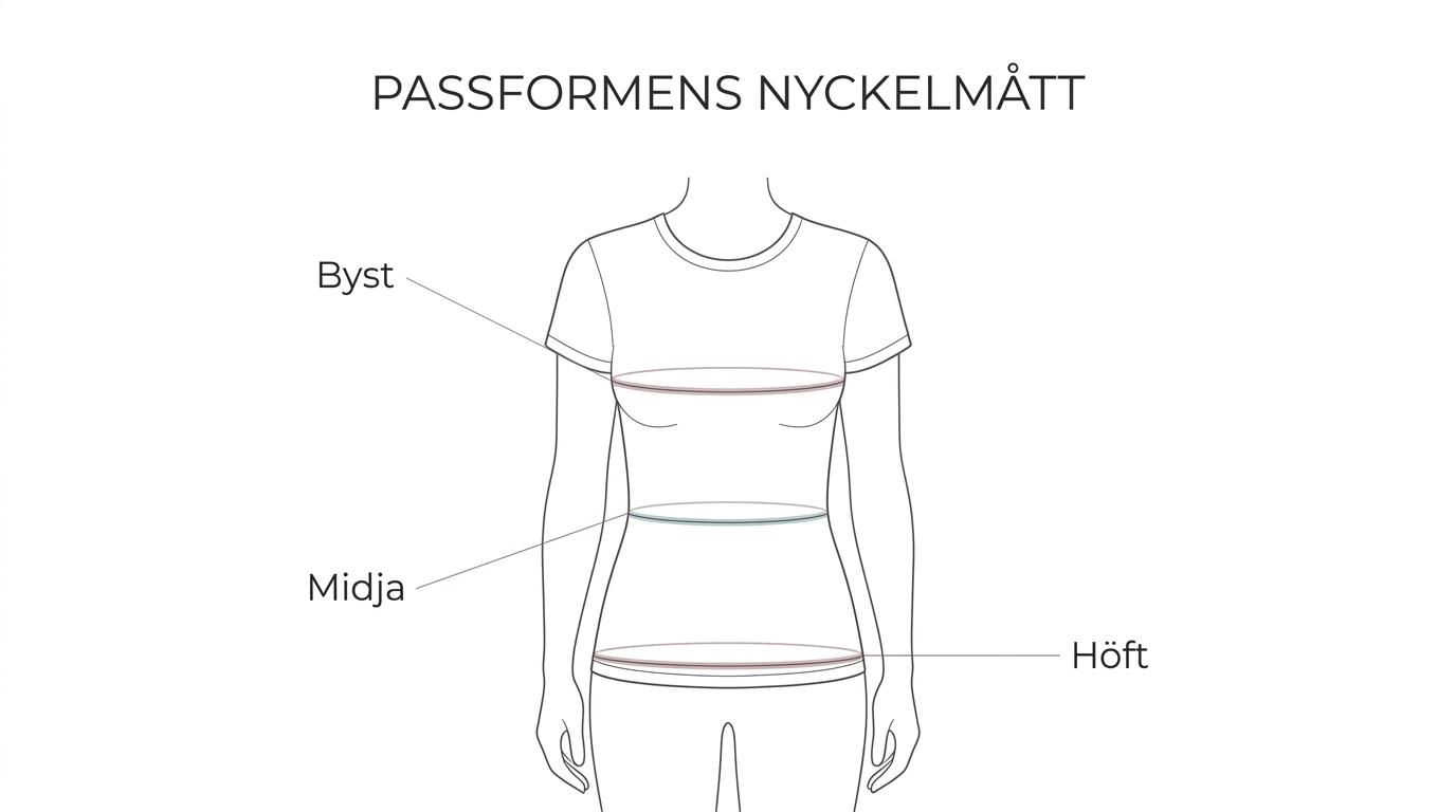Illustration av en kvinnlig torso med markerade måttpunkter för byst, midja, höft, axelbredd och överkroppslängd för T-shirt-passform.
