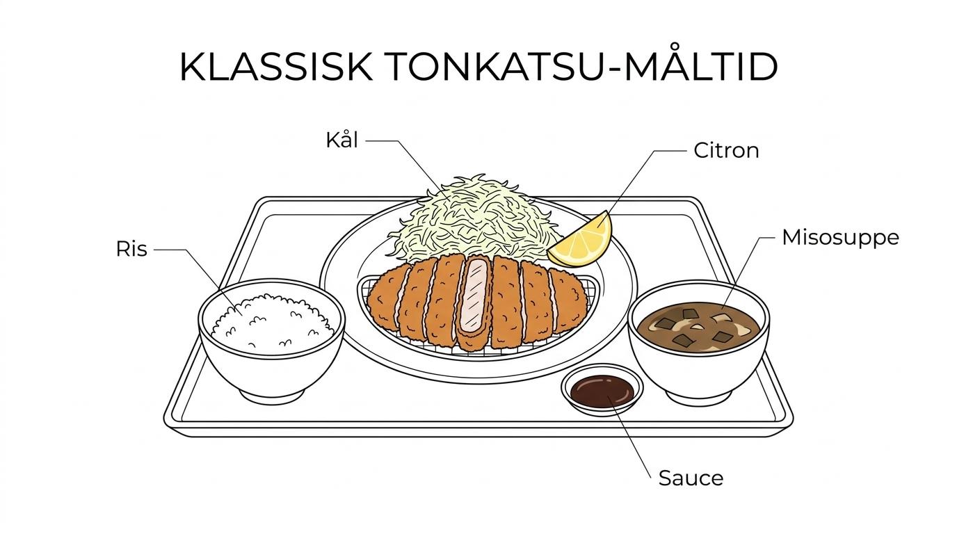 En klassisk tonkatsu-servering med paneret svinekotelet i skiver, ris, fintstrimlet kål, citron, misosuppe og sauce vist med labels.