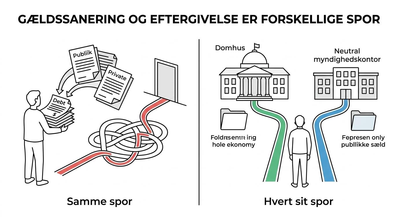 Side-by-side sammenligning af gældssanering i skifteretten og eftergivelse af offentlig gæld hos restanceinddrivelsesmyndigheden.