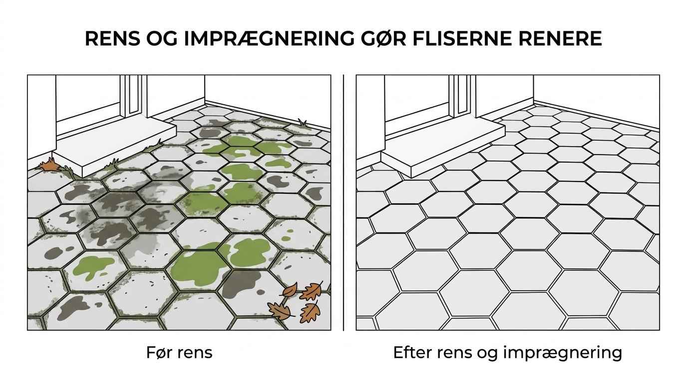 Side om side-visning af fliser før rens med alger og misfarvning og efter rens med en renere, lysere overflade.