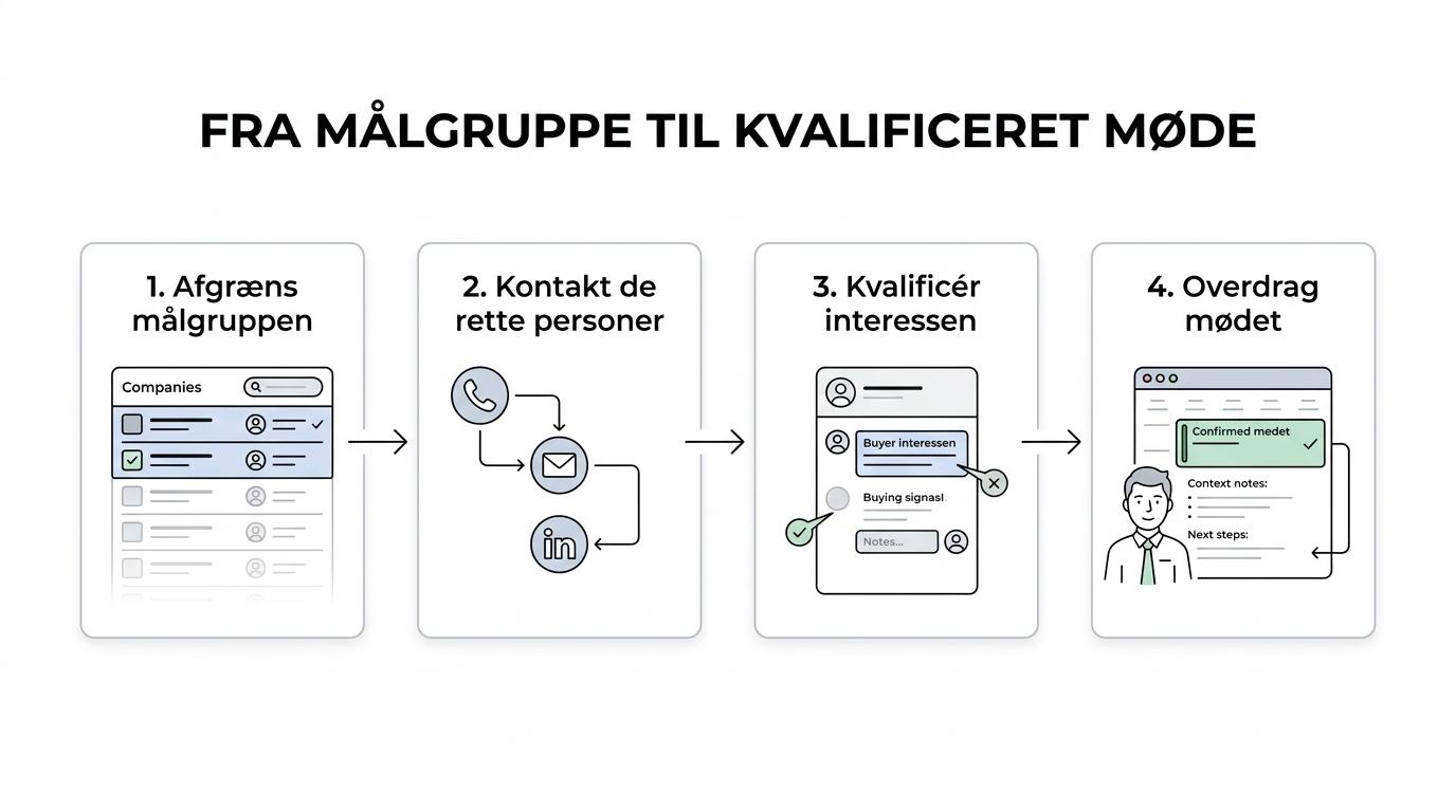 Diagram der viser outbound-processen fra målgruppe og kontaktstrategi til leadkvalificering, mødeoverdragelse og pipeline.