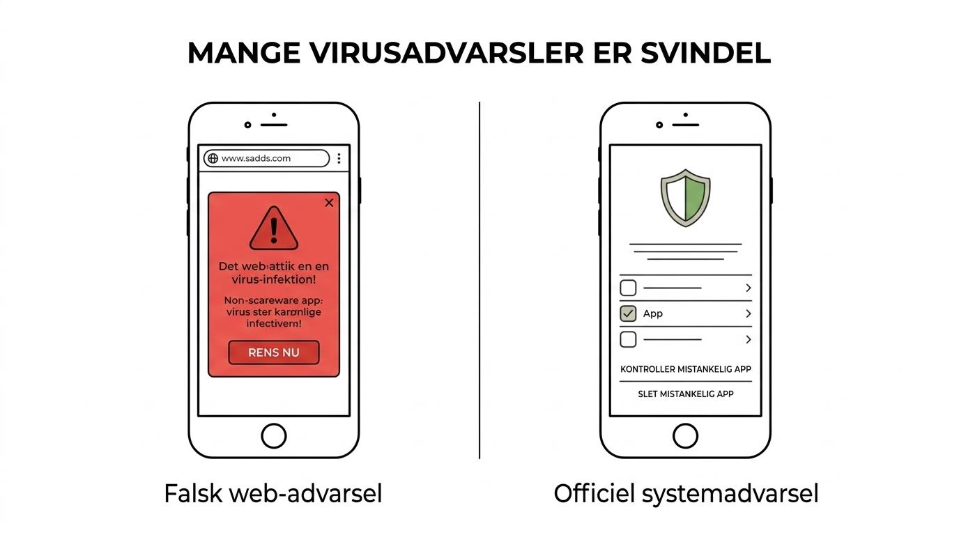 Side-by-side sammenligning af en smartphone med reelt malware, en falsk virus-pop-up og en problematisk app eller browserændring.