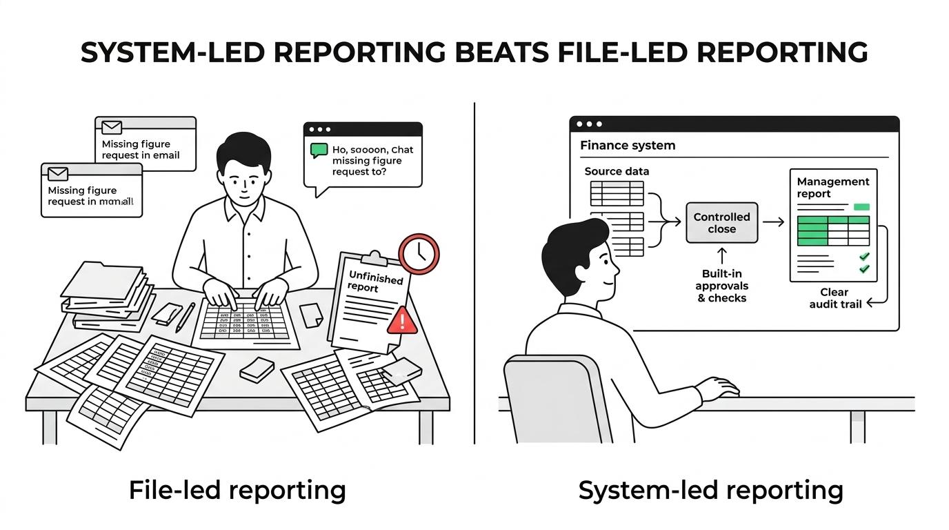 Side-by-side comparison of file-led spreadsheet reporting and system-led automated reporting for month-end close and management reports.
