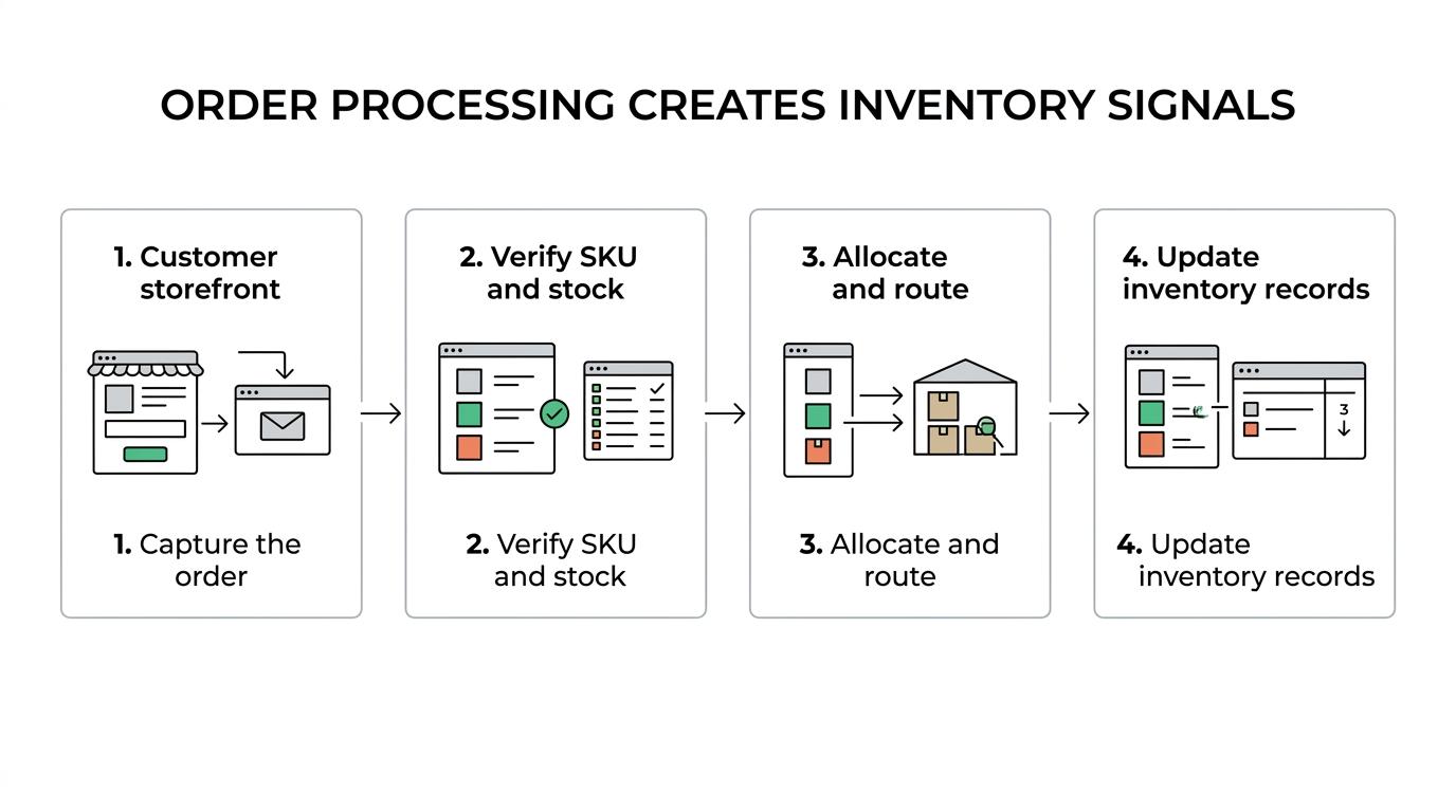 A workflow showing an online order moving through capture, verification, inventory allocation, fulfillment routing, and live stock updates.