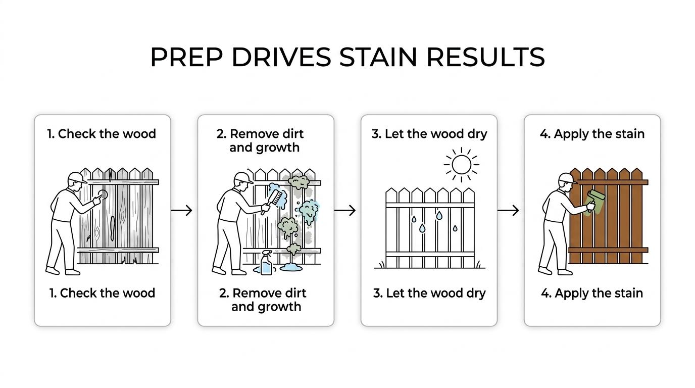A step-by-step fence staining workflow showing inspection, cleaning, drying, stain application, and final review on a wood fence.