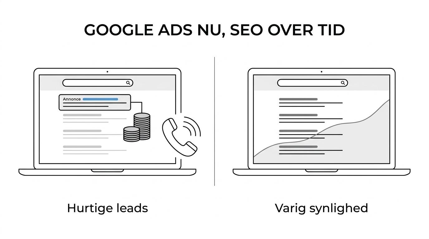 Sammenligning af Google Ads og SEO på hastighed, lead-timing, budgetafhængighed og langsigtet synlighed.