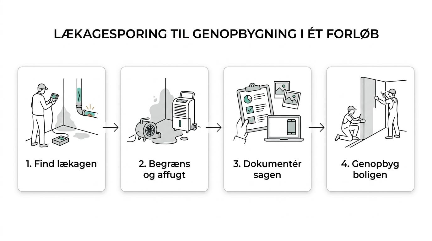 Flowdiagram over et vandskadeforløb fra lækagesporing og skadebegrænsning til affugtning, forsikring og genopbygning.