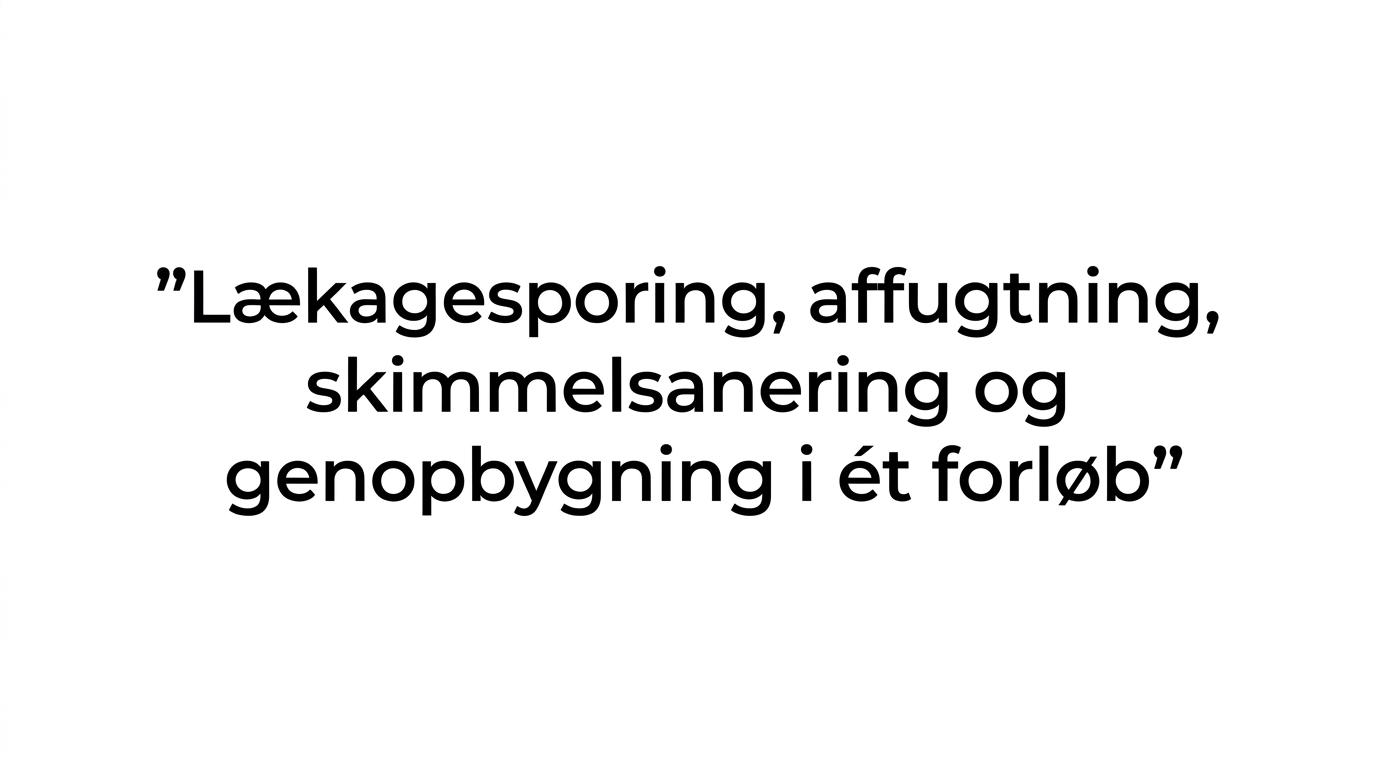 Citatgrafik med budskabet om at samle lækagesporing, affugtning, skimmelsanering og genopbygning i ét forløb.