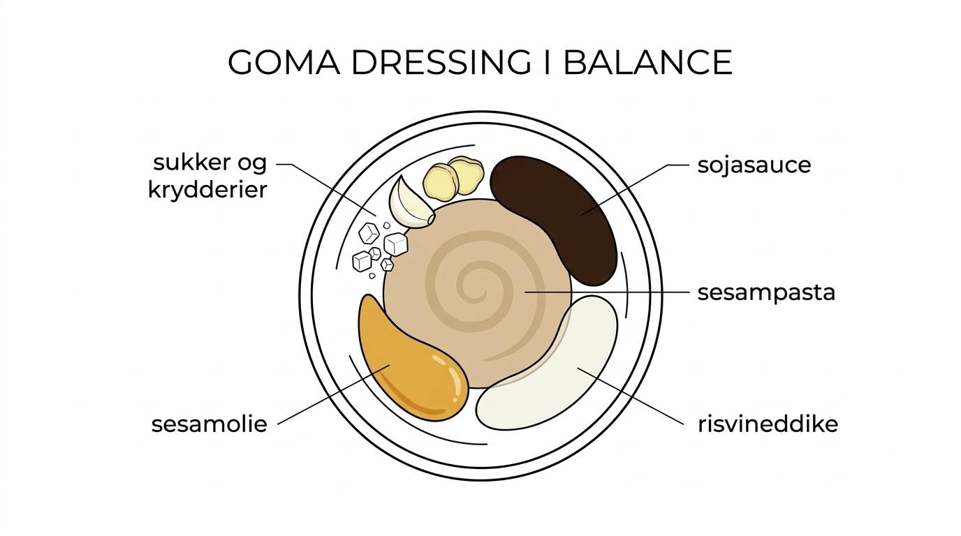 Labeled bowl of goma dressing with its key ingredients shown around it: sesampasta, sojasauce, risvineddike, sukker, sesamolie, hvidløg, ingefær og vand.