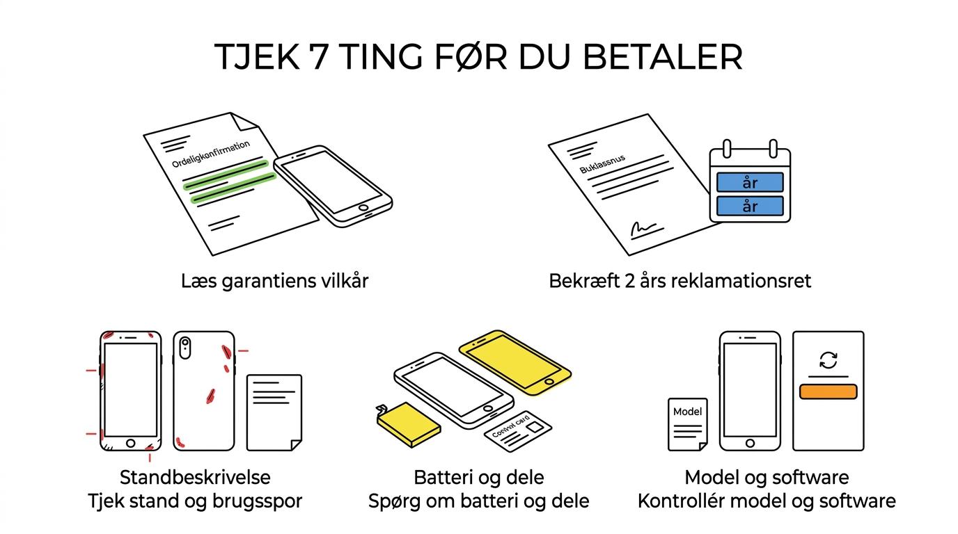 Oversigt med syv kontrolpunkter før køb af refurbished Samsung: garanti, reklamationsret, stand, batteri, dele, modeldata og software.