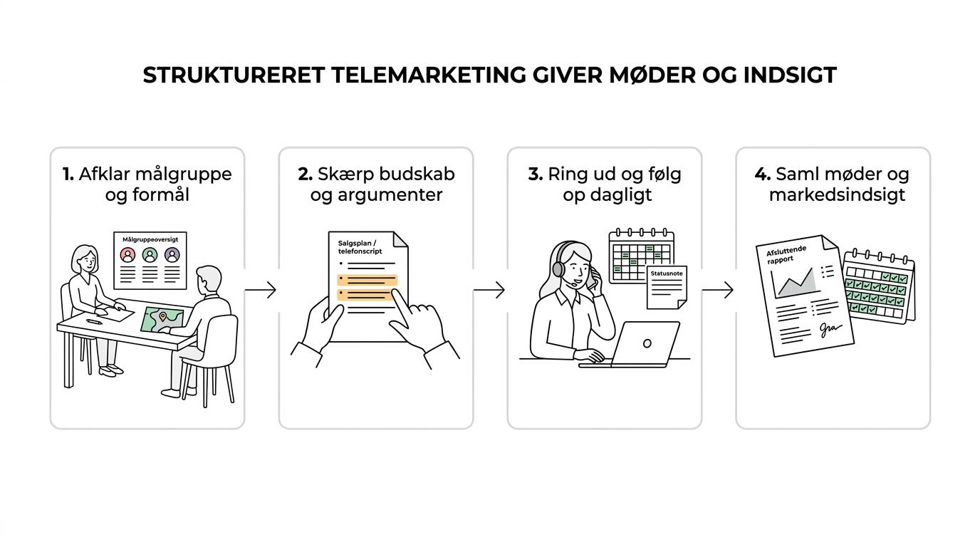 Procesdiagram over fire trin i en B2B-telemarketingkampagne fra workshop til afsluttende rapport.
