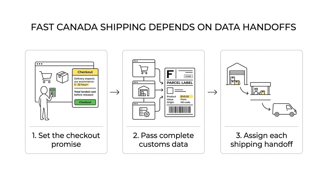 Flow diagram of a Canada-bound ecommerce order moving from checkout and SKU data through customs, brokerage, and final delivery.