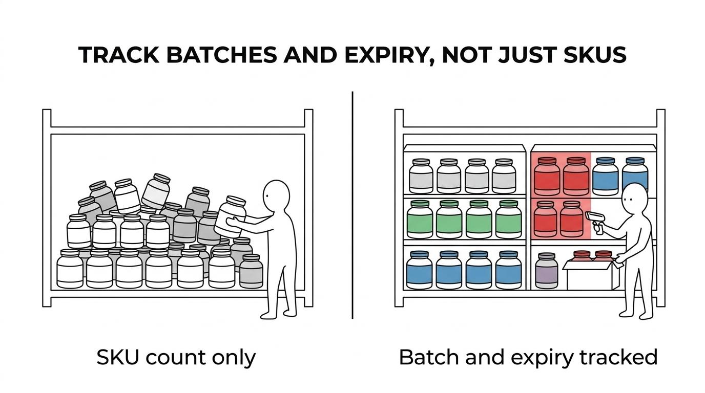 Side-by-side comparison of basic ecommerce inventory and supplement-ready inventory, showing differences in stock visibility, stock rotation, recall readiness, product dating, quality control, and waste control.