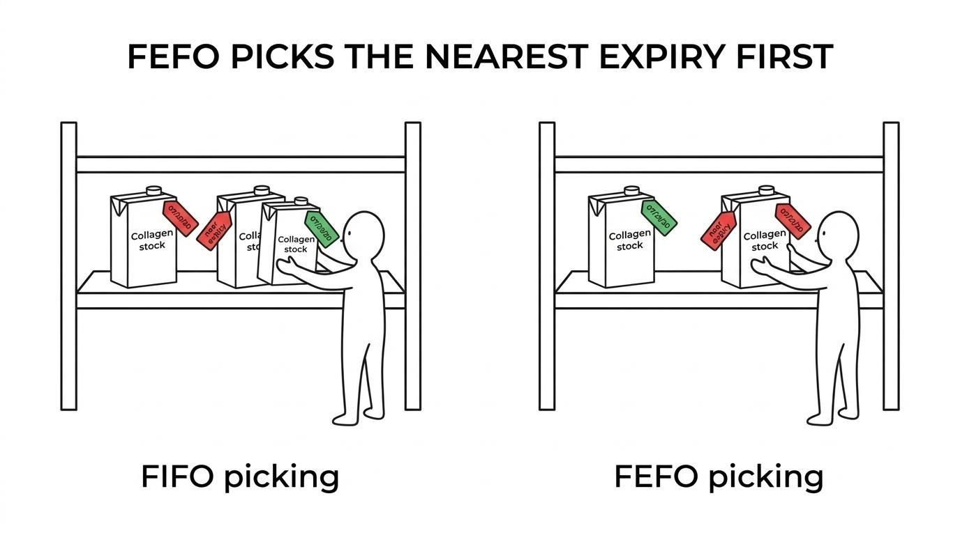 Side-by-side warehouse pallets showing FIFO versus FEFO picking for collagen supplement batches with different expiry dates.