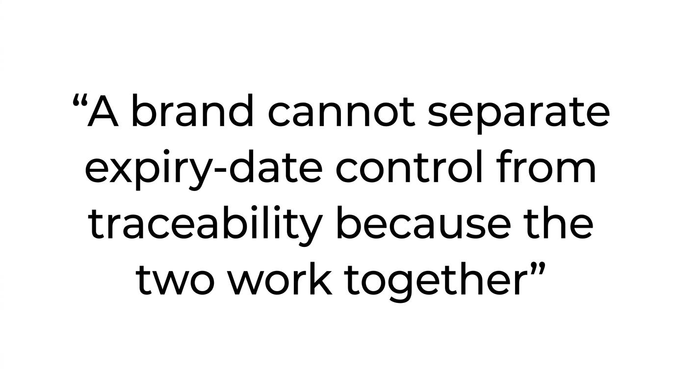 Typographic quote visual highlighting that expiry-date control and traceability cannot be separated.