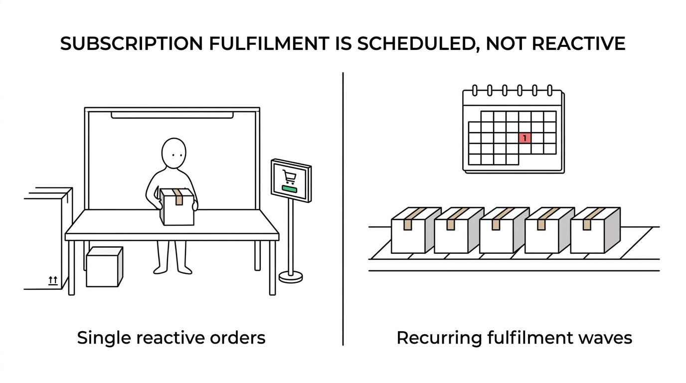 Side-by-side comparison of standard e-commerce fulfilment and subscription fulfilment across order timing, warehouse planning, and service impact.