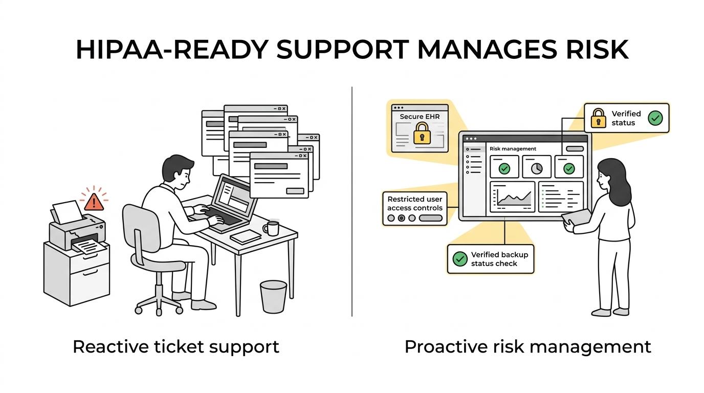 Side-by-side comparison of basic IT support and HIPAA-ready healthcare IT support across compliance, access control, backups, monitoring, and incident response.