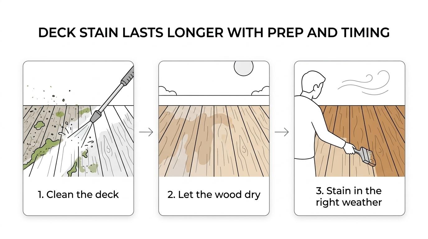 Three-step deck staining process showing deck cleaning, drying and moisture checking, and stain application in suitable weather.