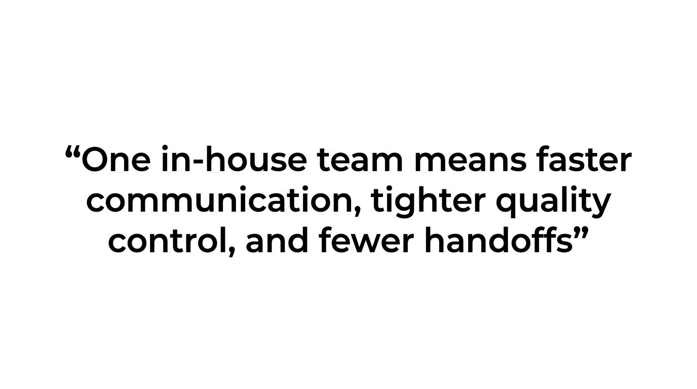 Quote highlight featuring Q Filmz Media’s 100% in-house production model.