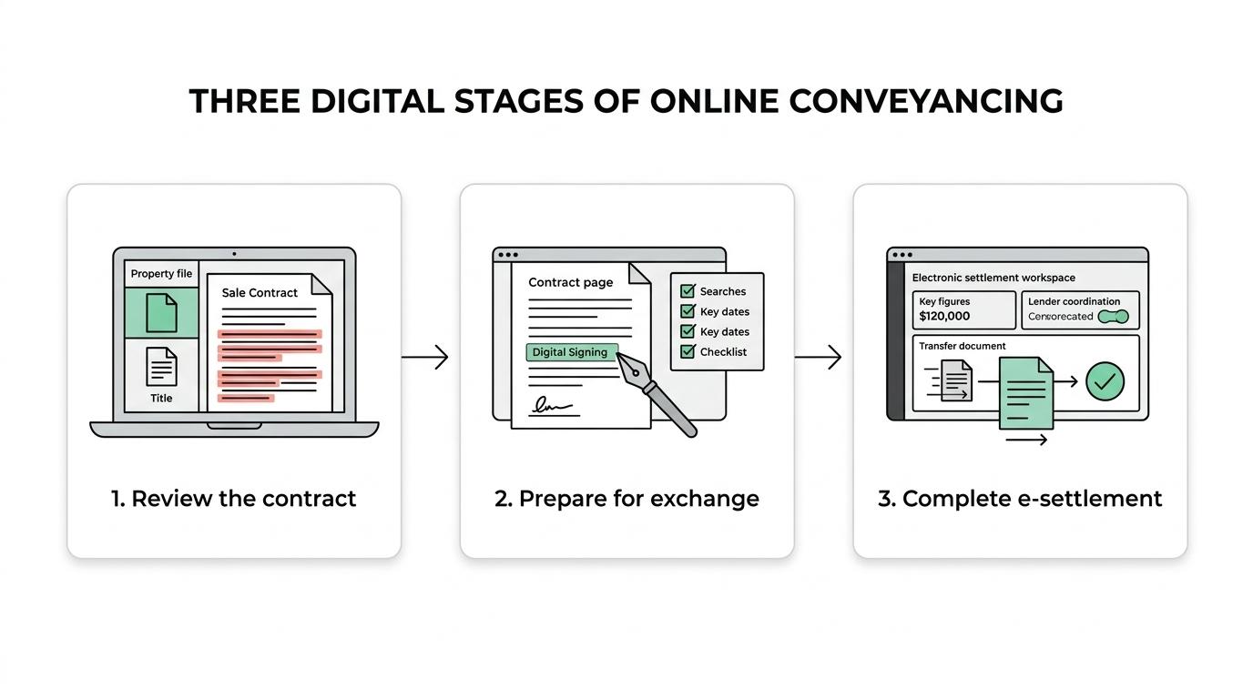 Three-stage diagram showing online conveyancing in NSW moving from contract review to exchange preparation to electronic settlement and lodgment.