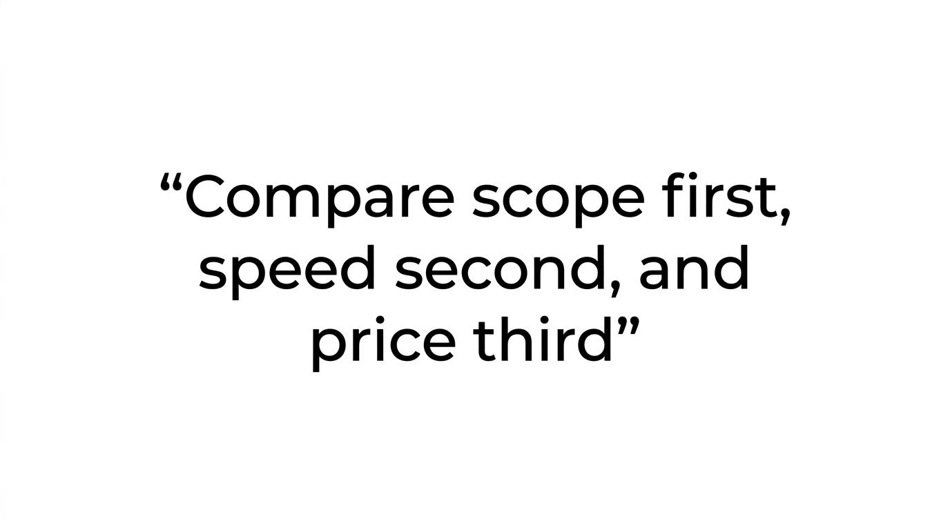 Highlighted quote card with the takeaway: compare scope first, speed second, and price third.