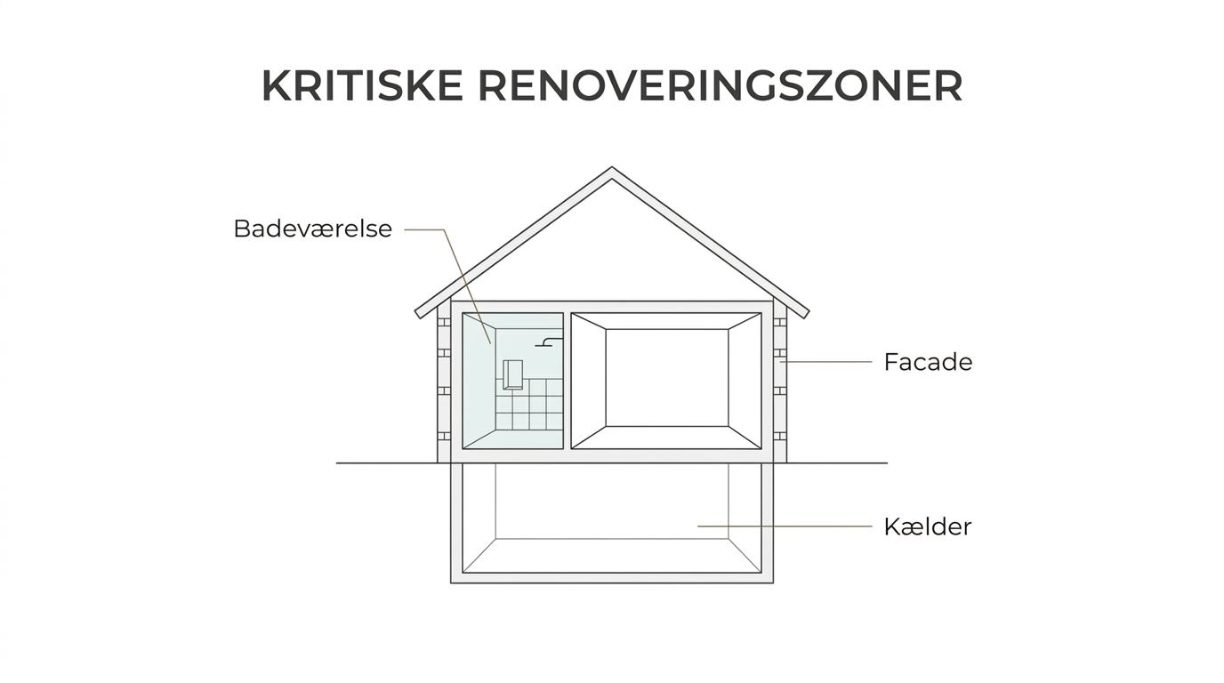 Illustration af et hus med markeret badeværelse, facade, kælder og gulve som centrale murerzoner.