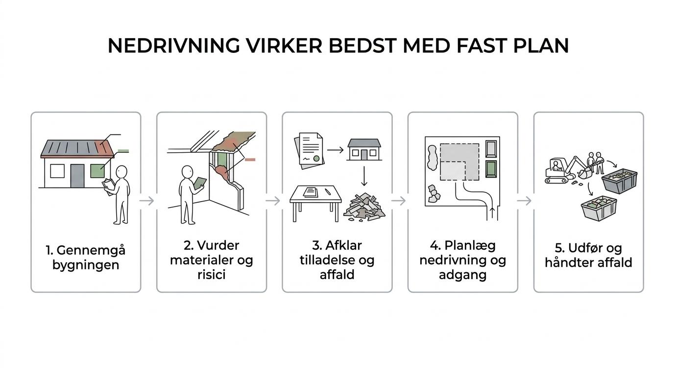 Procesgrafik med fem trin fra bygningsgennemgang og forundersøgelse til anmeldelse, planlagt nedrivning og korrekt affaldshåndtering.