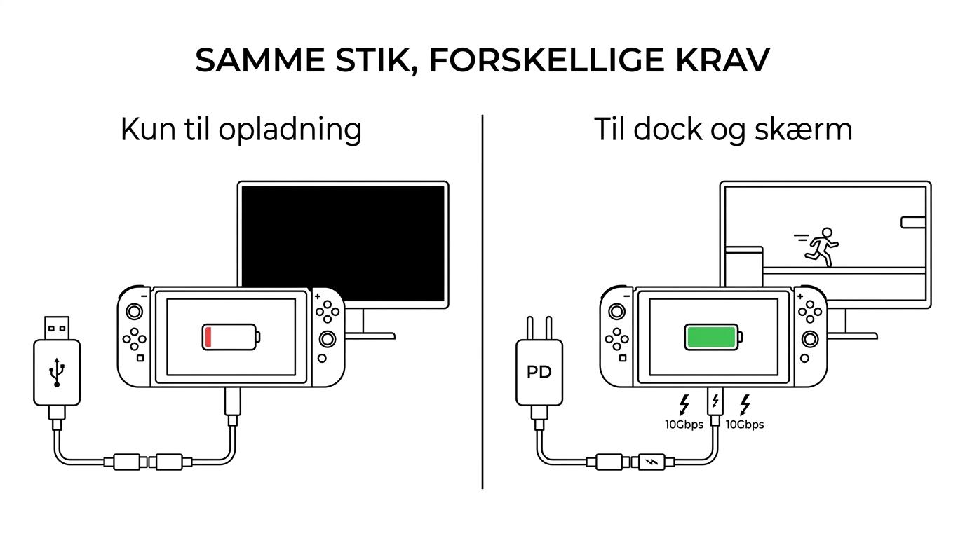 Side-by-side comparison of Nintendo Switch and Steam Deck USB-C cable needs for charging, dock use, and external display.