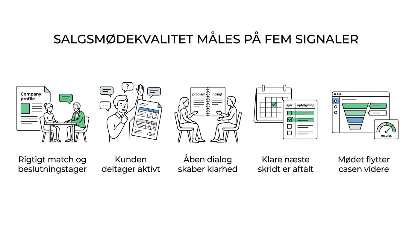 Et simpelt scorecard med fem felter til at vurdere kvaliteten af et B2B-salgsmøde.