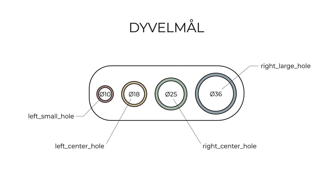 Diagram af et dyveljern med markerede hulstørrelser Ø10, 18, 25 og 36 samt pasform til en bjælke på 7,4 cm.