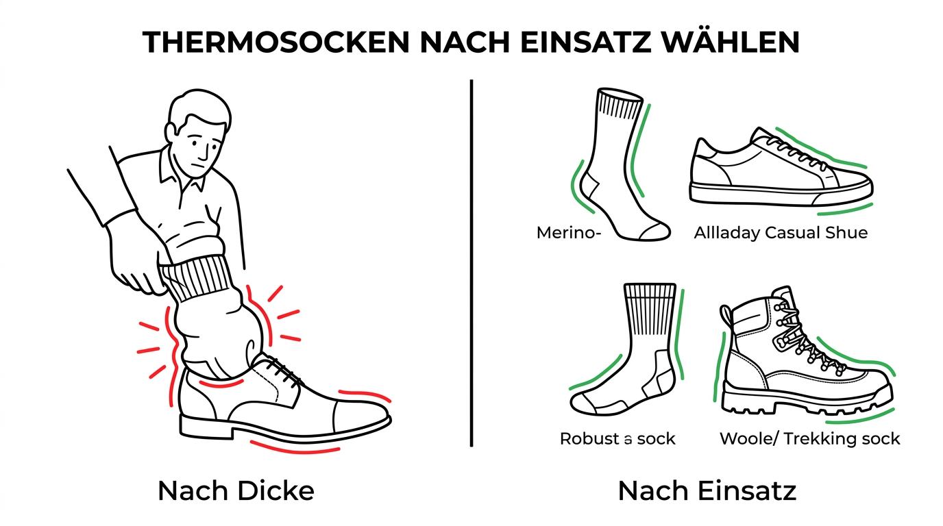 Side-by-side overview of men’s thermo sock types for everyday wear, trekking, very cold feet, and classic winter use.